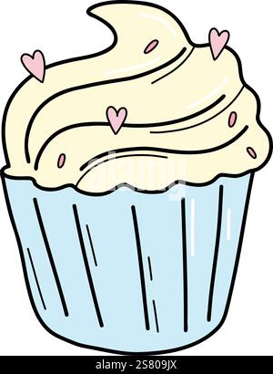 Muffin mit Schlagsahne und süßen Streuseln. Gebackener Kuchen. Dragee, Süßigkeiten, Karamell in Form eines Herzens. Cupcake in Papierverpackung. Vektor Stock Vektor