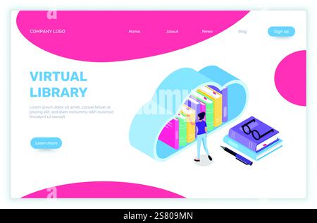 Isometrische Vektorillustration, die eine Frau darstellt, die ein Buch in einer virtuellen Online-Bibliothek im Cloud-Computing-Speicher auswählt, perfekt für Landing-Page-Website Stock Vektor