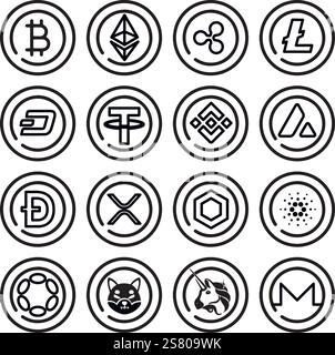 Populäre Kryptowährungs-Ikonographie-Logo-Set mit schwarzen Linien Stock Vektor