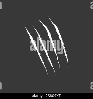 Cat Scratch-Symbol. Weiße Kratzer von Tierkrallen isoliert auf schwarzem Hintergrund. Flache Kratzspuren von Drachen oder Dinosauriern. Risse von Kratzern von Stock Vektor