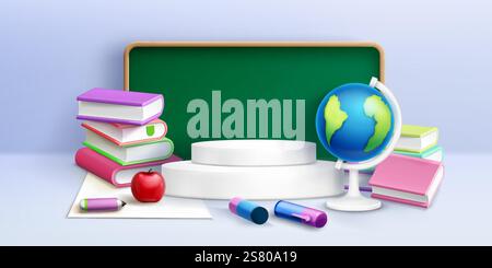 3D-Szene der Schule mit kreisförmigem weißem Podium, gestapelten Lehrbüchern, hellrotem Apfel, Globus-Modell, farbenfrohen Markierungen und Stiften, grünem Tafel und Lernmaterialien für die Lernpräsentation. Stock Vektor