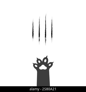 Katzenkratzer. Schwarzes blutiges Tierkrallenzeichen isoliert auf weißem Hintergrund. Löwen- oder Tiger-Kratzspuren. Schwarze Katze. Wilde Tierpfoten Stock Vektor