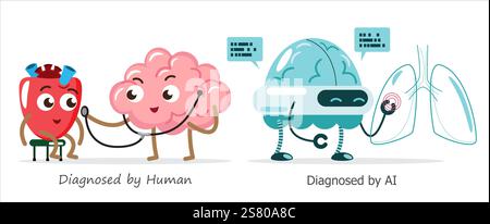KI-Gehirn vs. Menschliches Gehirn in der Diagnostik. Zeichentrickfigur . Vektor . Stock Vektor