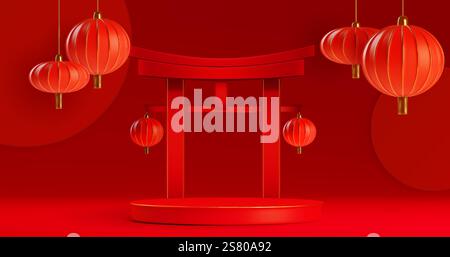 Traditionelles chinesisches rotes Podium mit Torii-Tor und dekorativen Laternen mit goldenen Quasten. Runde Präsentationsplattform auf kastanienbraunem Hintergrund. Orientalisches festliches Bühnendesign mit asiatischer Dekoration Stock Vektor