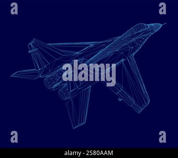 Blaues Flugzeug wird auf blauem Hintergrund angezeigt. Das Flugzeug ist ein Kampfflugzeug. Das Bild ist ein computergeneriertes Bild Stock Vektor