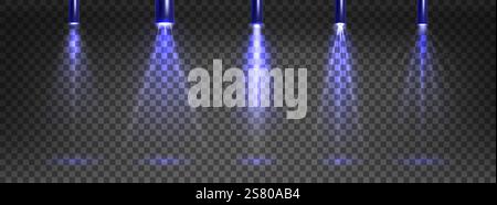 Strahler mit Glitzer-Kollektion – blaues Leuchten auf transparentem Hintergrund. Verschiedene Lichtstrahlen und Lichtintensitätsformen. Zylindrisches Projektor-Sucher-Design oder Entertainment-Effekte. Stock Vektor