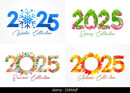 Set mit 2025 saisonalen Logokollektionen. Dekoratives Grafikschild 2025 für die Mode-Kollektion Winter, Frühling, Sommer oder Herbst. Vektorabbildung Stock Vektor