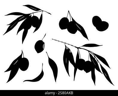 Oliven Zweige Silhouette Set isoliert auf weißem Hintergrund Lebensmittel Design Element Vektor Illustration Stock Vektor