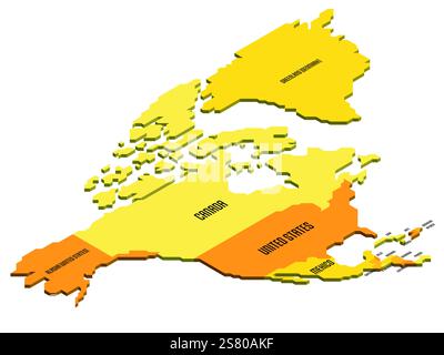 Isometrische politische Karte von Nordamerika. Buntes Land mit Ländernamen auf weißem Hintergrund. 3D-Vektordarstellung Stock Vektor