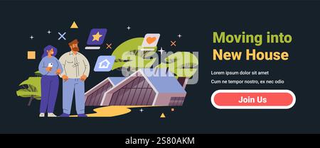 Paar zieht in ein neues Hauskonzept modernes Zuhause Hintergrund digitale Symbole Bäume dunkler Modus Website Banner Stock Vektor