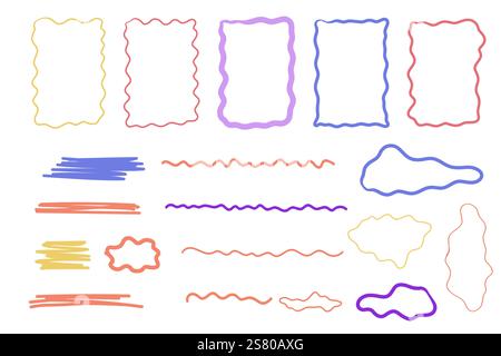 Zick-Zack-Rahmen-Rahmen-Squiggle, welliges Set, unterstrichener Pinselstrich gekrümmte Kanten handgezeichnet leeres Tett-Feld. Sprechblase-Abzeichen gezackte abstrakte Form. Vektorabbildung Stock Vektor