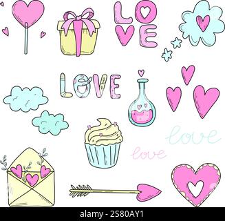 Sammlung von Aufklebern zum Valentinstag. Einrichtung für Valentinstag, Briefe und Verpackungsdesign. Vektoraufkleber mit Symbolen der Liebe: Herz, Liebe Stock Vektor