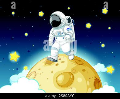 Astronaut auf dem Mond, umgeben von Sternen Stock Vektor