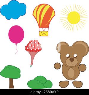 Bär, Blumen, Ballon und andere Elemente und Charaktere für Kinder Flash-Zeichentrickfilm Stock Vektor