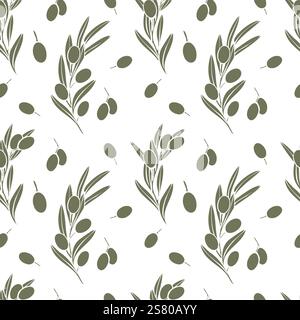 Hand gezeichnetes nahtloses Vektor-Muster mit Olivenzweigen Silhouette mit Früchten und Blättern. Minimalistischer Stil in olivgrüner Farbe. Perfekt für Textilien Stock Vektor