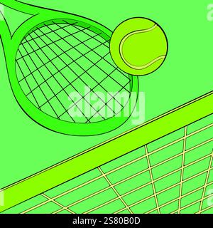 Illustration des Tennissports. Tennisschläger mit Ball- und Netzkonzeptkunst. Abstrakte Tenniskunst Stock Vektor