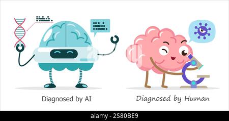 KI-Gehirn vs. Menschliches Gehirn in der Diagnostik. Zeichentrickfigur . Vektor . Stock Vektor