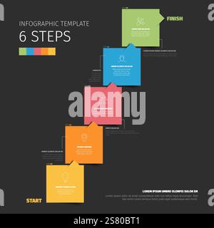 Dunkelpastellfarbene Infografik-Vorlage in sechs Schritten mit farbigen, beschrifteten Kästen, die einen Schritt-Schritt-Prozess veranschaulichen. Die Stufen sind optisch deutlich und gestaltet Stock Vektor