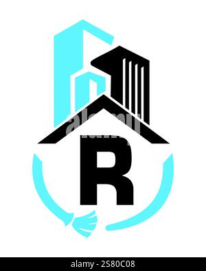 Initial Letter R Industrial Cleaning Logo Konzept mit Reinigungsbürste und Gebäudesymbol. Besenschild Stock Vektor