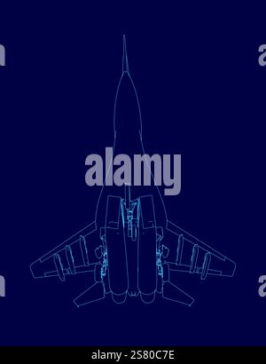 Blaues Flugzeug wird auf blauem Hintergrund angezeigt. Das Flugzeug ist ein Kampfflugzeug. Stock Vektor