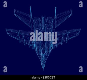 Blaues Flugzeug mit einem Flügel wird auf blauem Hintergrund dargestellt. Das Bild ist ein computergeneriertes Rendering eines Kampfjets Stock Vektor