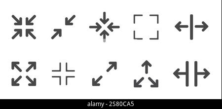 Vollbild-Symbol-Menü-Cursor-Bitton, Zeiger zur Steuerung der Anwendungsgröße. Zeilennavigation in der Web-benutzeroberfläche Symbol Maximieren oder Minimaze. App-Pfeil. Eingeben oder Beenden. Vektorabbildung Stock Vektor