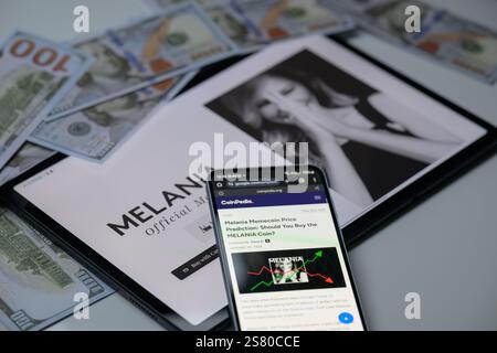 Brüssel, Belgien Januar 2025. Coinpedia wird auf einem Mobiltelefon mit der offiziellen Melania Meme-Website angezeigt, die in dieser Fotoabbildung zu sehen ist. Aufgenommen in Brüssel, Belgien, am 20. Januar 2025. (Jonathan Raa/SIPA USA) *** ausschließlich für redaktionelle Nachrichten *** Credit: SIPA USA/Alamy Live News Stockfoto