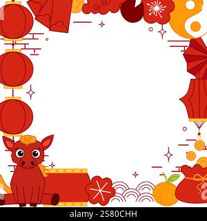 Glückliches chinesisches Neujahr des Pferdes. Quadratischer Vektorrahmen mit roten Laternen, Orang, chinesischen Elementen und Pferd. Grußkarte. China-Rahmen mit Laterne an Stock Vektor