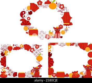 CNY Laternen Festival mit Pferd Oval Rahmen mit chinesischen traditionellen Elementen und Pferd. 2026 Vektorgrafik-Linienvorlage auf transparentem Hintergrund eingestellt Stock Vektor