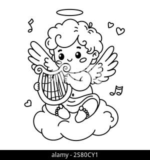 Charmante Cupid-Vektor-Illustration, die eine Harfe spielt. Perfekt für Valentinstag und Malaktivitäten Stock Vektor