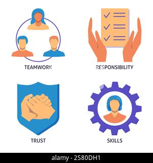 Teamwork Flat Symbolset. Partnerschaft, Kooperationssymbole. Vektorabbildung Stock Vektor