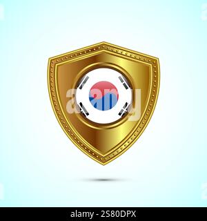Abgerundete Flagge Südkoreas mit goldenem Hochglanzschild Stock Vektor