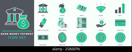 Zahlungssymbole für Bankgeld. Symbolgruppe für Zahlung per Bankgeld. Legen Sie das Symbol für Bankgeld und Zahlung fest. Vektorabbildung. Stock Vektor