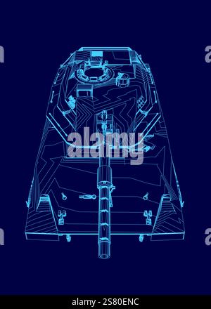 Blaue Zeichnung eines Tanks. Der Tank ist von der Seite und von der Vorderseite dargestellt Stock Vektor