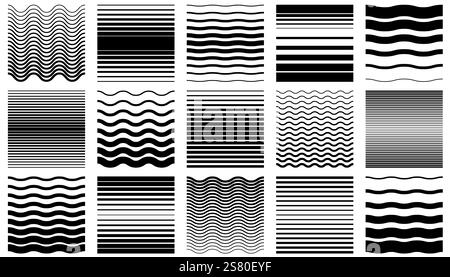 Schwarzes Rastermuster mit horizontalen Streifen. Abstrakter gestreifter Hintergrund. Kollektion mit gewelltem und geradem Farbverlauf. Stock Vektor