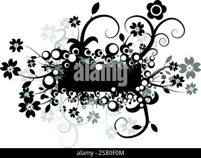Schwarze Abstraktion mit Blumen und weißen Kreisen Stock Vektor