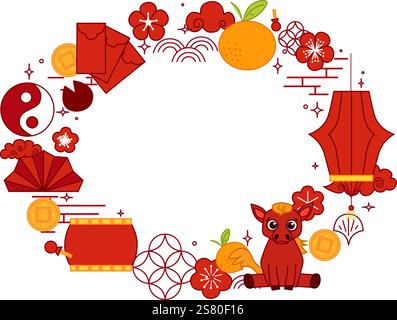 Chinesisches Neujahr des Pferdes ovaler Rahmen für das Jahr des Pferdes, Neujahrs Hintergrundmaterial. Vorlage für die grafische Vektorlinie auf Transparent Stock Vektor