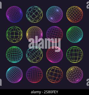 Neon-Drahtmodellformen, gefütterte Kugel. Perspektivisches Netz, 3D-Raster. Geometrische Elemente mit niedrigem Poly. Futuristische Retro-Designelemente, y2k, Vaporwave und Stock Vektor