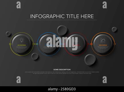Eine saubere, dunkle Infografik mit vier verbundenen Kreisen mit Symbolen und Text. Das Design setzt minimalistische Elemente und leuchtende Farben ein, um die Akzente zu setzen Stock Vektor