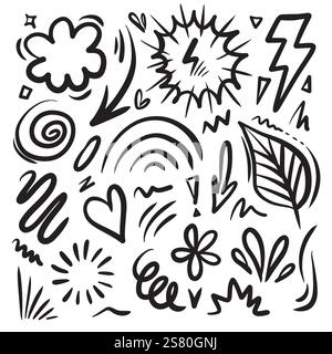 Blätter, Herzen, abstrakte, Bänder, Pfeile und andere Elemente in handgezeichneten Stilen für Konzeptdesigns. Illustration mit Kritzeleien. Vektorvorlage für Decora Stock Vektor