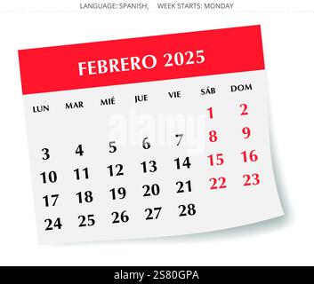2025 spanischer februar-Kalender - Monat febrero. Vektorillustrationen für Spanien Stock Vektor
