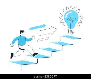 Ein erfolgreicher, ehrgeiziger Mann läuft zur Glühbirne, Idee. Geschäftsmann läuft die Treppe hoch und erreicht sein Ziel Stock Vektor