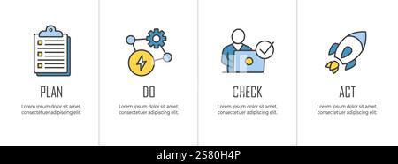 Plan, Do, Check, Act, Geschäftsstrategie Verfahren für kontinuierliche Verbesserung, Symbolsatz PDCA Stock Vektor