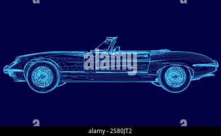 Blaues Auto mit Schiebedach wird auf blauem Hintergrund dargestellt. Das Fahrzeug ist ein klassisches Modell und wird stilvoll gezeigt. Die Szene ist nostalgisch und traumhaft Stock Vektor