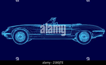 Blaues Auto mit Schiebedach wird auf blauem Hintergrund dargestellt. Das Fahrzeug ist ein klassisches Modell und wird stilvoll gezeigt. Die Szene ist nostalgisch und traumhaft Stock Vektor