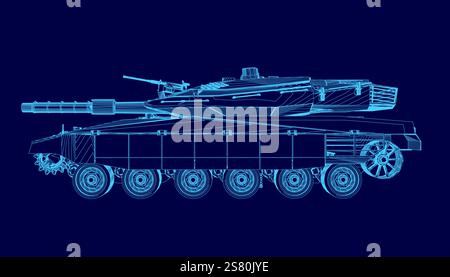 Blauer Tank, Drahtmodell. Der Panzer ist ein Militärfahrzeug Stock Vektor
