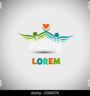 Menschen mit Herz Logo Vektor-Symbol Illustration, Multi-ethnische Gruppe von Menschen Gemeinschaft, Einheit, Freundschaft und Solidarität. Handgezeichnet. Nicht AI, Vektor Stock Vektor