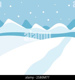 Abstrakte Winterlandschaft mit Bergen, Fluss und fallenden Schneeflocken. Stock Vektor