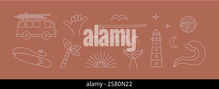 Retro-Stil, Bohemian, Hippie-Linear-Surfen, Ozean, Meer, Van, Leuchtturm, Handelemente, Ikonen. Einfaches geometrisches Surfcamp, Resort-Vektor Stock Vektor