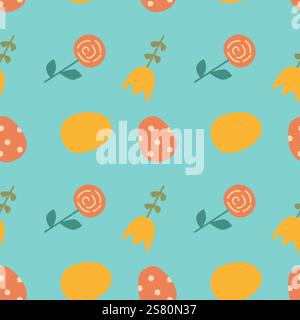 Geometrisches Muster mit Eiern und Blumen für festliche Designs und Dekoration. Stock Vektor